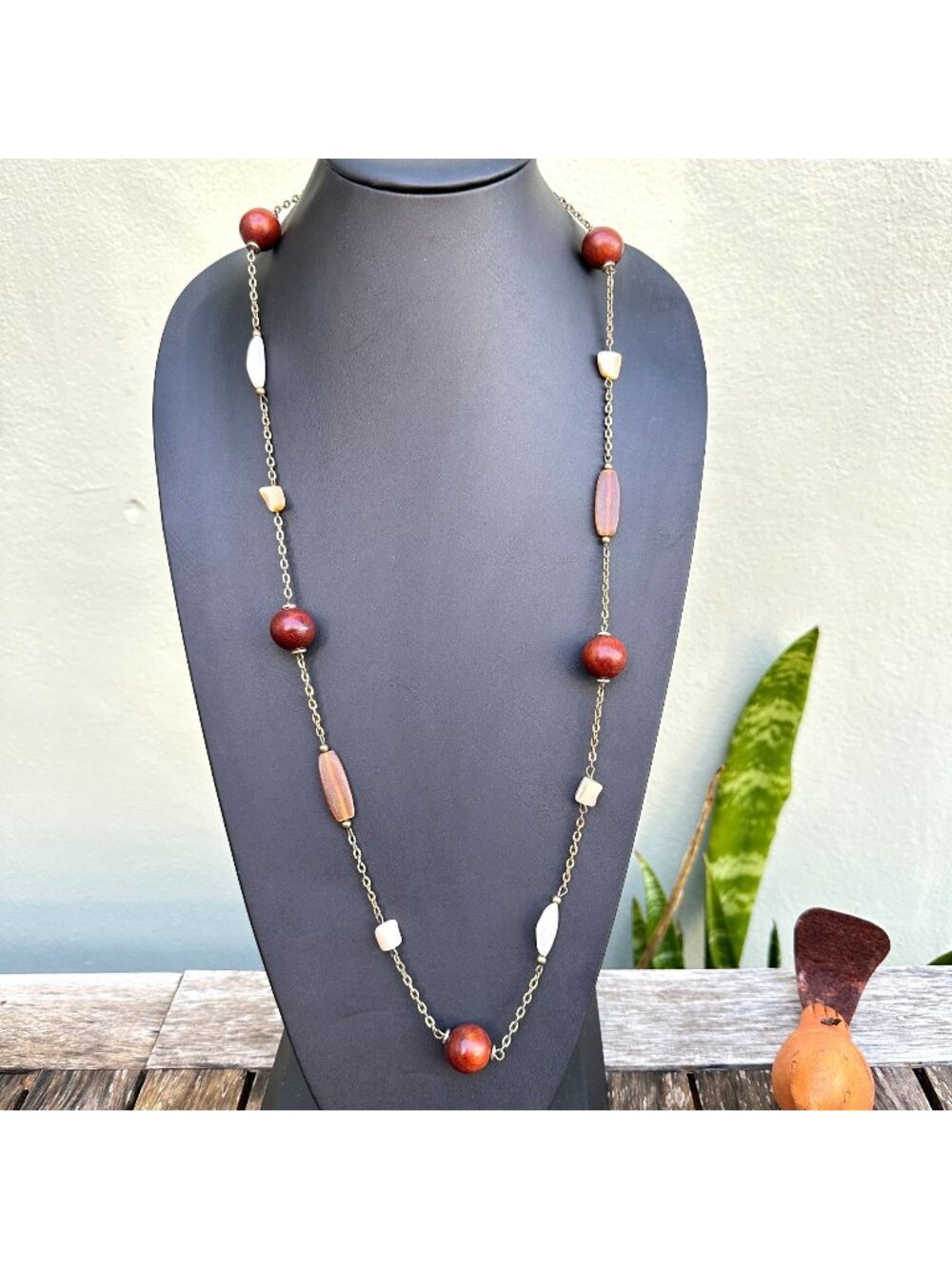 Cookie Lee Wood Bead Shell Station Long Necklace Antique Brass Chain 32"